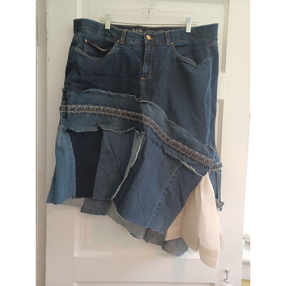 Upcycled patchwork denim midiskirt Rafaella sz 20W asymetric DIY Western boho